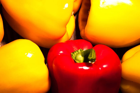 colorful bell peppers, natural background, yellow and red peppersの写真素材