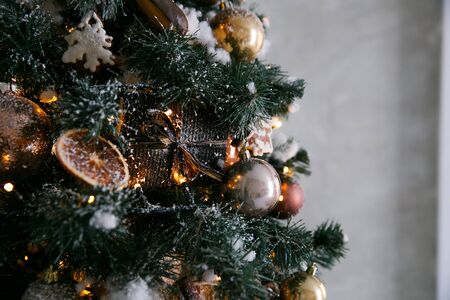 Golden Christmas decorations with citruses, gingerbread cookies and cinnamon on a Christmas tree in the home interior on the eve of the holidayの写真素材