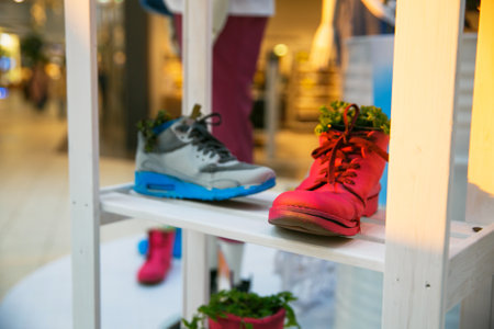 Colored shoes are on the shelves and houseplants and flowers grow from themのeditorial素材