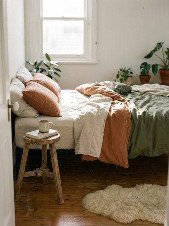 Serene and cozy minimalist bedroom interior with messy linen bedding and natural sunlight. Authentic lifestyle photography of a peaceful morning in a Japandi style home.の素材
