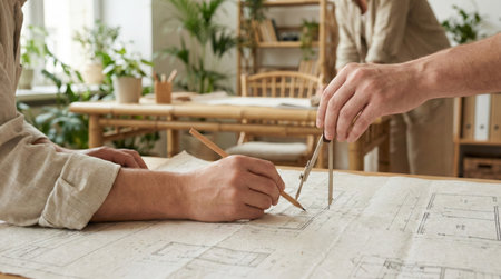 Close-up of professional hands working on architectural blueprints made of recycled paper. Concept of sustainable construction and eco-friendly planning in a modern green office environmentの素材