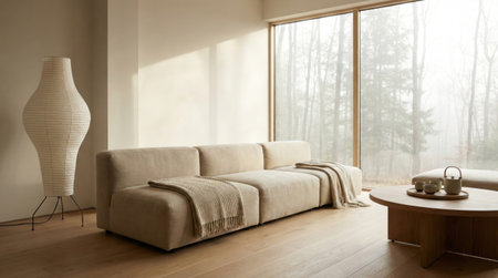 Serene Japandi style living room with neutral tones, wooden furniture, and soft natural lighting. High-quality interior design visualization for real estate and decor trends.の素材