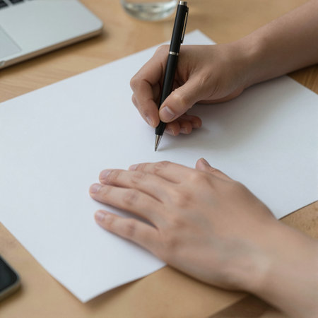 Close-up of professional hands working on architectural blueprints made of recycled paper. Concept of sustainable construction and eco-friendly planning in a modern green office environmentの素材