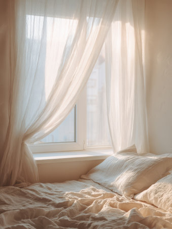 White curtains on the windowsill in the morning. Vintage styles.の素材