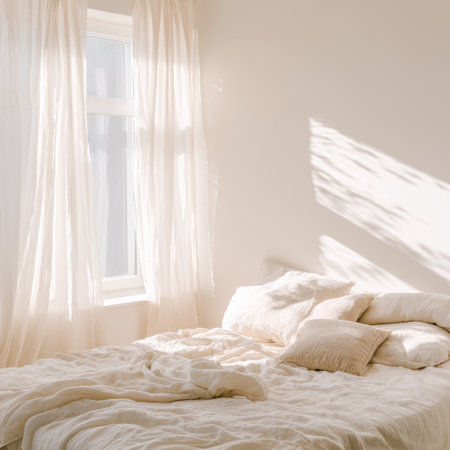 Bedroom interior with white linen and sunlit window. Nobody insideの素材