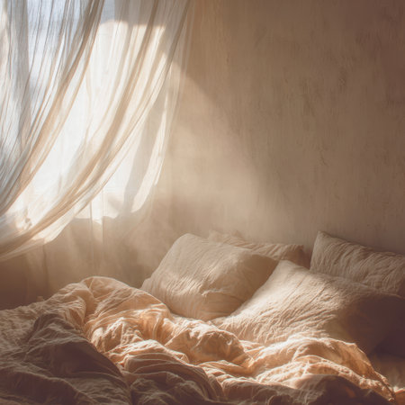 Bedroom interior with brown pillows and bed sheet, vintage filterの素材