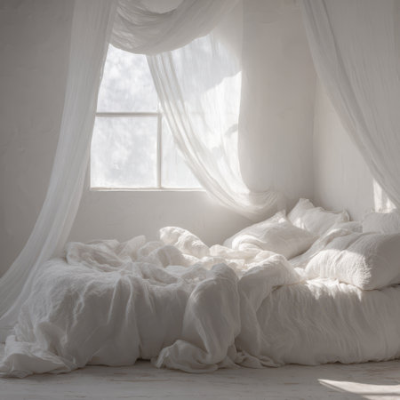 White bed with white linen and a large window in the background.の素材