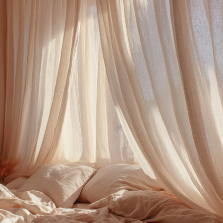 White curtain on the bed in the morning. Light and shadow.の素材