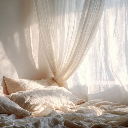 White curtain on the bed in the morning light, vintage tone.の素材
