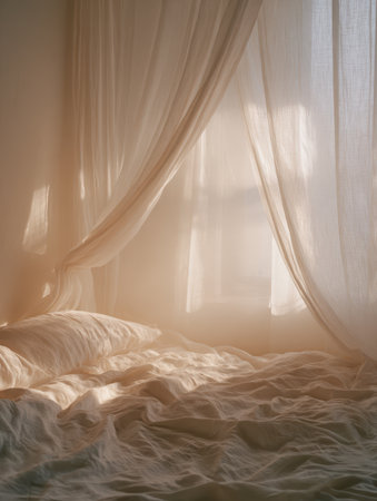 white curtain on the bed in the morning light. vintage tone.の素材