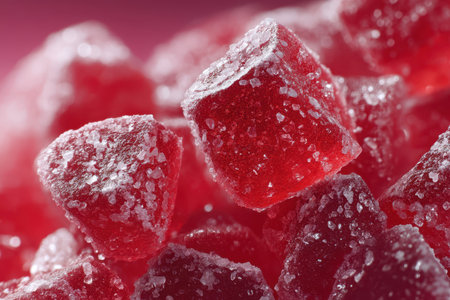 High-key macro where the sugar highlights are blown out by the flash, creating a dreamy, ethereal effect over the red jelly base.の素材