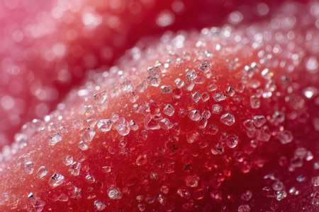 Close-up focusing on the acidic coating of a sour candy. The sharp texture details of the citric acid and sugar mix are highlighted against the chewy red background.の素材