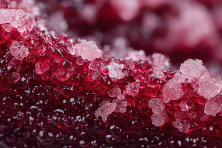 An abstract macro photography mimicking a crystalline landscape. Large sugar grains rest on a ruby red gelatin surface, illuminated by a direct strobe for dramatic effect.の素材