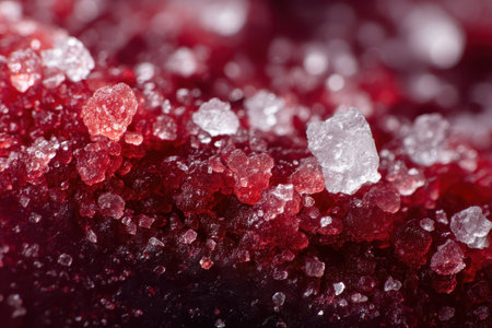 A mouth-watering extreme macro shot of a sour red gummy candy. The surface is coated in rough sugar crystals that sparkle under harsh flash lighting, contrasting with the soft gelatin.の素材