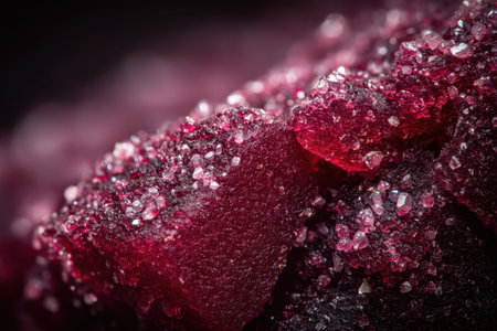Conceptual image of an abstract red terrain made entirely of sweets and crystals. The macro perspective transforms a simple candy into a complex alien world.の素材