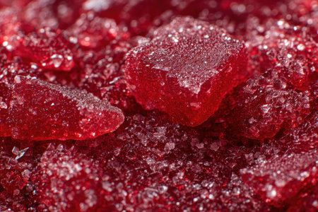 Translucent red gelatin backlit and front-lit by flash to reveal depth. Sugar dust and larger crystals create a chaotic, textured landscape on top.の素材