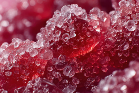 Macro shot resembling industrial food production quality control. Inspecting the uniformity of sugar coating on a red confectionery product.の素材