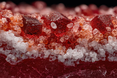 A visual that successfully communicates both "crunch" (sharp crystals) and "chewiness" (yielding red base), perfect for sensory marketing.の素材