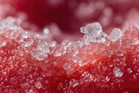 Extreme close-up of a single segment of a gummy worm. The ridges of the candy are coated in sugar, creating a topography of sweetness.の素材