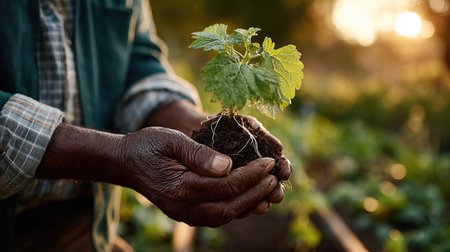 Macro photography of elderly hands protecting a delicate plant in a community garden during golden hour light.の素材