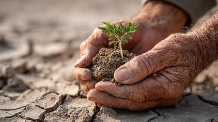 Macro photography of weathered hands holding a clump of arid earth with a defiant young sprout showing strong roots.の素材
