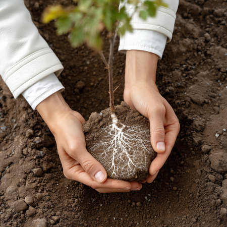 Hands in technical gear breaking a soil clump to show an intricately white fungal network in clinical light.の素材