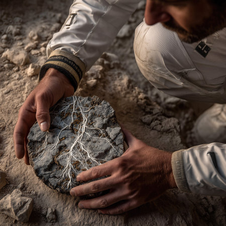 Detailed macro of white technical cuffs as hands reveal a spidery network of white mycelium in dark earth.の素材
