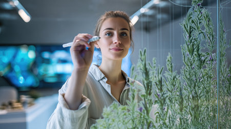 Woman Engineer Sketching Plant Growth Chart on Glass Board,Female leader brainstorming eco-friendly solutions by drawing charts on a glass office partitionの素材