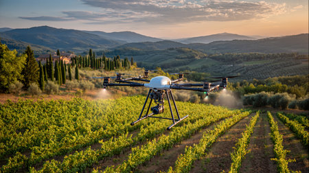 Aerial perspective of smart vineyard showing integration of nature and robotic automation technology. AI-generated.の素材