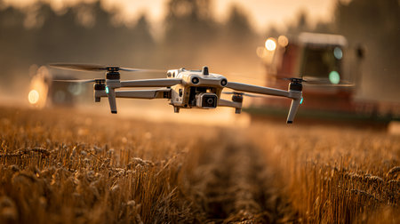 Visual inspection of dry wheat stalks by professional industrial drone at golden hour. AI-generated.の素材