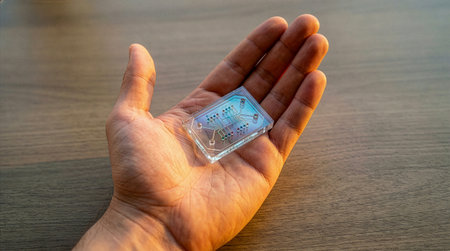 Human hand offering microfluidic chip, hope for future medicine concept, biotechnology solution. Focus on offering. Image created using generative AI.の素材