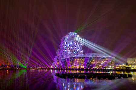 Kaohsiung, Taiwan - February 24, 2022: Taiwan Lantern Festival 2022 (live lights), beautiful Kaohsiung harbor landscape with color laser beams and drone show in Yancheng Districtのeditorial素材