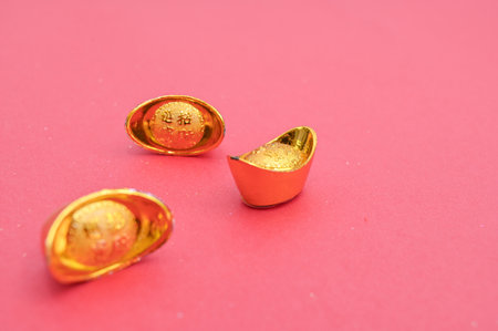 Chinese New Year decoration on red background, closeup of photo.の写真素材