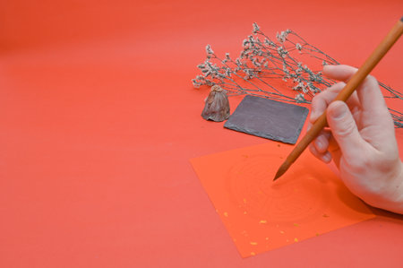 Chinese New Year decoration on red background, closeup of photo.の写真素材