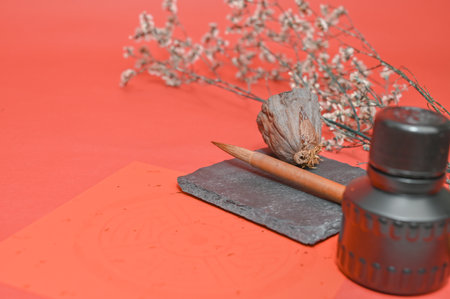 Writing chinese calligraphy with word meaning luck for lunar new yearの写真素材