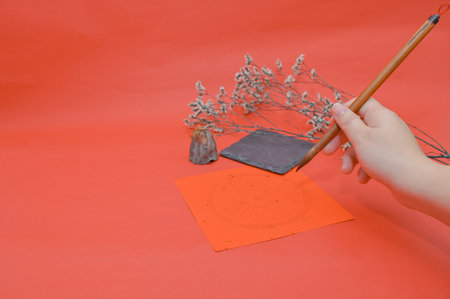 Chinese New Year decoration on red background, closeup of photo.の写真素材