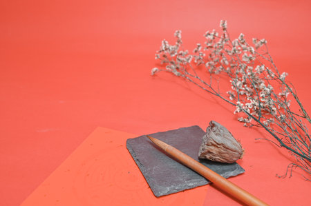 Chinese New Year decoration on red background, closeup of photo.の写真素材