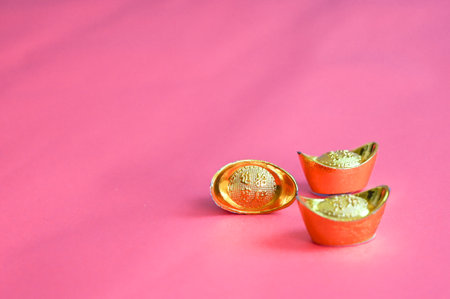Chinese New Year decoration on red background, closeup of photo.の写真素材