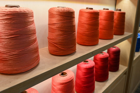Spools of sewing thread, isolated on white background. Colored yarns used in the clothing industry....
