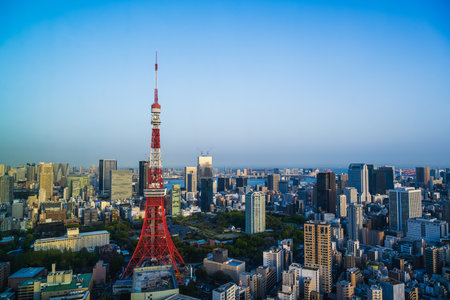 Tokyo, Japan - APR 14, 2024: Cityscape seen from the free observation deck of Azabudai Hills, Minato-ku, Tokyo (Tokyo Tower).の写真素材