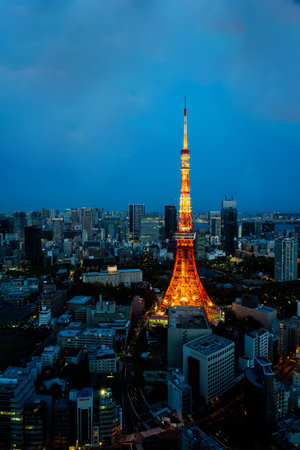 Tokyo, Japan - APR 14, 2024: night view Cityscape seen from the free observation deck of Azabudai Hills, Minato-ku, Tokyo (Tokyo Tower).の写真素材