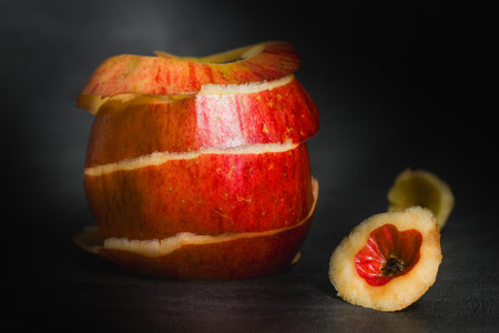 There is no skin on the apple pulp, and the remaining apple skin is a hollow apple.with black backgroundの写真素材