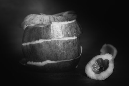 There is no skin on the apple pulp, and the remaining apple skin is a hollow apple.with black backgroundの写真素材