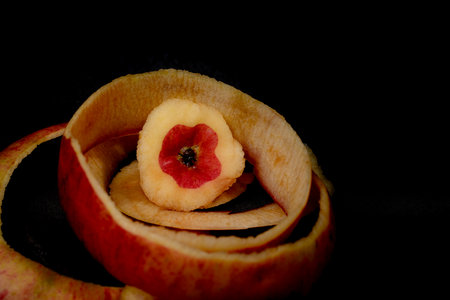 There is no skin on the apple pulp, and the remaining apple skin is a hollow apple.with black...