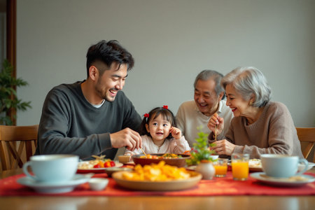 a family gathering for Chinese new year eve, warm lighting, joyul facesの素材
