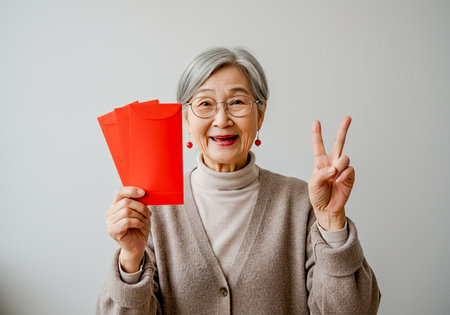 Happy elder holding Red envelope for new year means get luck and rich. Happy Chinese New Yearの素材
