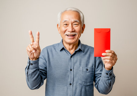 Happy elder holding Red envelope for new year means get luck and rich. Happy Chinese New Yearの素材