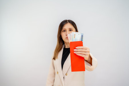 Taiwanese girl holding a red envelope with money, Lunar New Year red packet with cash, bonus and salary concept â financial success and wealthの写真素材