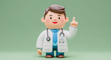 Animated 3D Cartoon Doctor Character Smiling and Pointing Up,3D avatar of Doctor .の写真素材