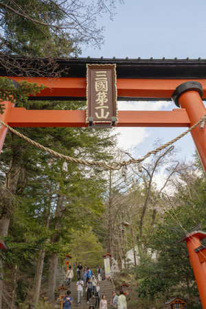 Fujiyoshida, Yamanashi, Japan - APR 17 , 2024: Mount Fuji with cherry blossoms in Arakurayama Sengen Park.の写真素材